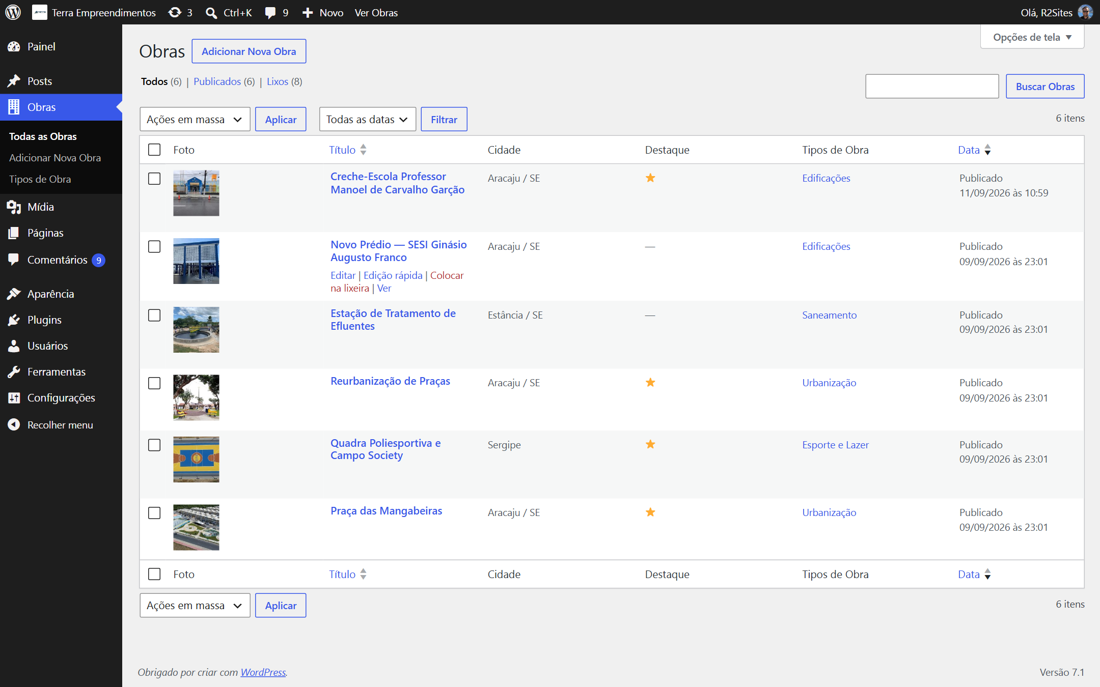 Menu Obras no painel do WordPress